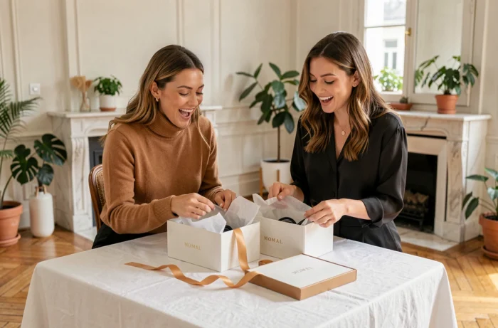 Deux femmes élégantes déballant des articles de mode luxe dans un appartement parisien lumineux avec parquet en chevrons
