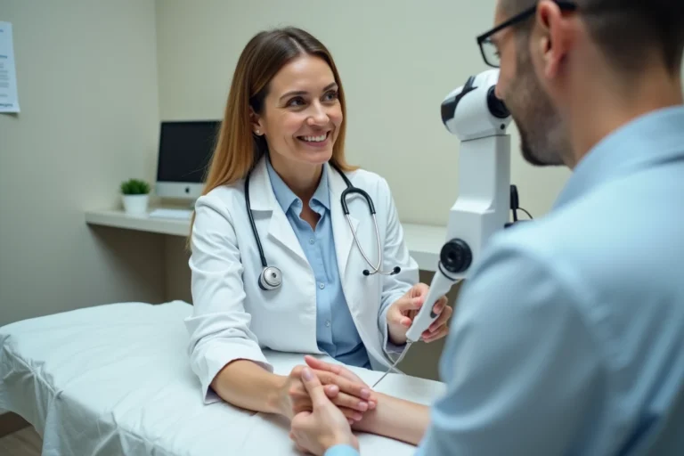 Dermatologue femme examinant la peau d'un patient avec un dermatoscope lors d'une consultation médicale