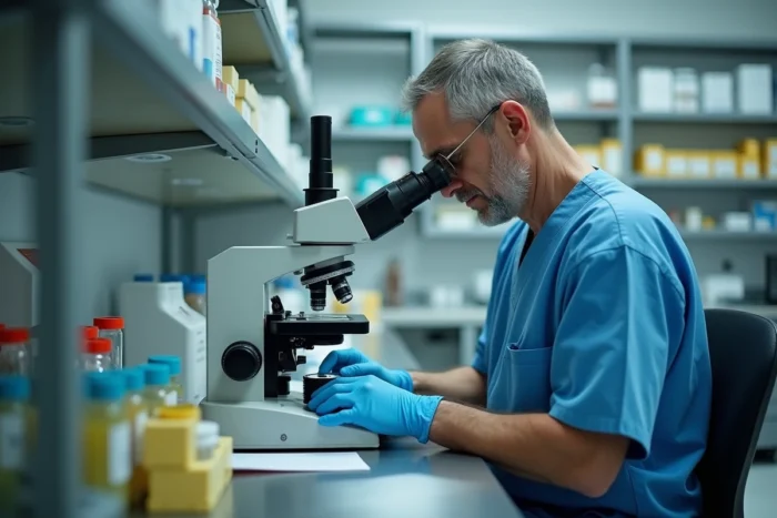 Dermatopathologiste analysant une biopsie cutanée au microscope dans un laboratoire d'anatomopathologie