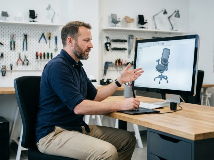 Designer produit masculin travaillant sur un modèle 3D de meuble dans un studio de design moderne
