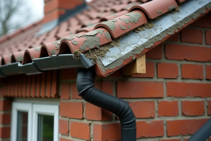 Détail de construction d'une cheminée en brique et toiture en tuiles d'argile d'une maison des années 1920 avec solins en plomb d'époque
