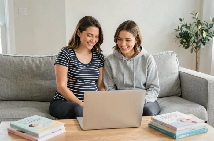 Deux femmes dont une enceinte explorant ensemble des pages d'information pour futures mamans sur un ordinateur portable