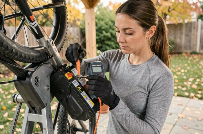 Technicienne testant la connexion de batterie d'un VTT électrique Rockrider E-ST 100 avec un multimètre sur un stand de réparation