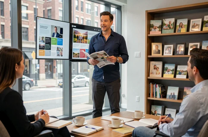Directeur créatif présentant un magazine à son équipe dans un bureau moderne aux fenêtres panoramiques chez Opus Media