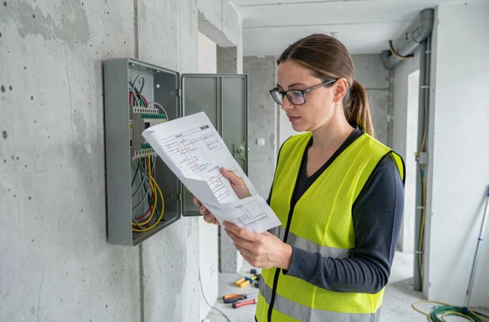 Électricienne consultant un schéma électrique face à un tableau ancien avec fils aux couleurs d'ancienne norme