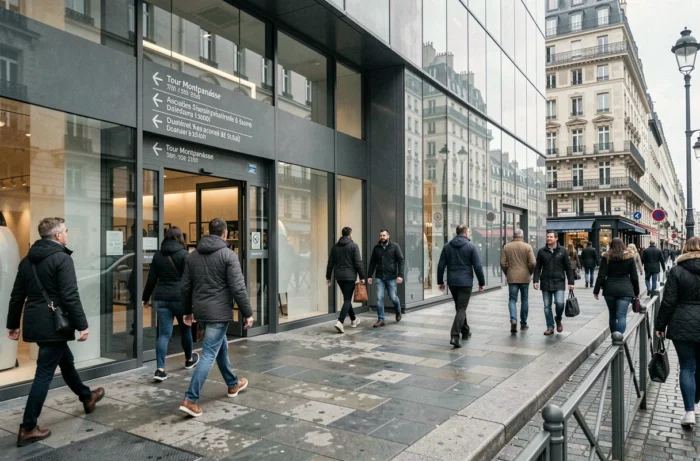 Entrée principale du centre commercial Montparnasse avec panneaux horaires et passants