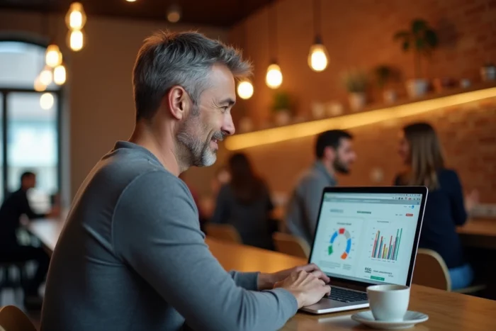 Entrepreneur masculin travaillant sur une campagne publicitaire en ligne depuis un café coworking avec tableau de bord digital visible