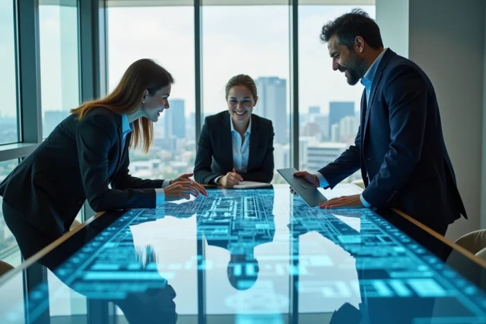 Équipe de professionnels collaborant sur un modèle BIM VUP interactif lors d'une réunion de projet