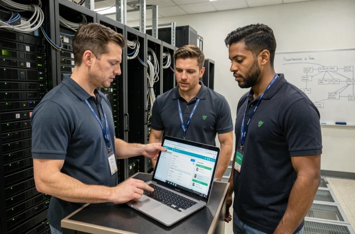 Équipe informatique hospitalière configurant le serveur de messagerie Zimbra dans une salle des serveurs