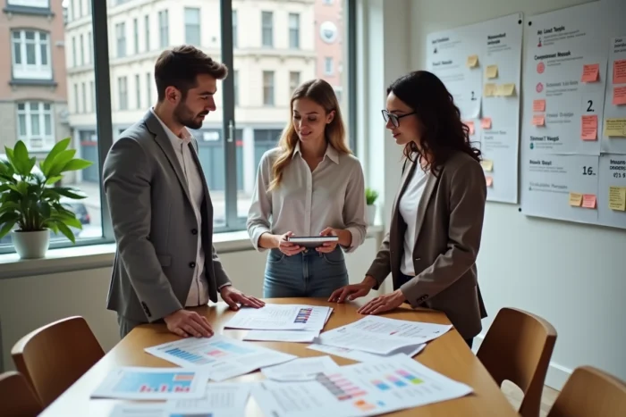 Équipe marketing collaborative élaborant une stratégie d'annonces en ligne dans une salle de réunion moderne avec vue urbaine