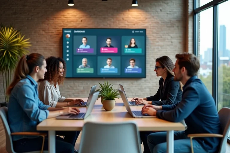 Équipe de professionnels collaborant autour d'outils de communication numériques en réunion de bureau