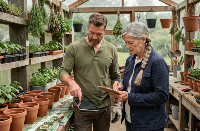 Deux membres d'une équipe de jardinage collaborant autour d'une tablette dans une serre en bois remplie de semis