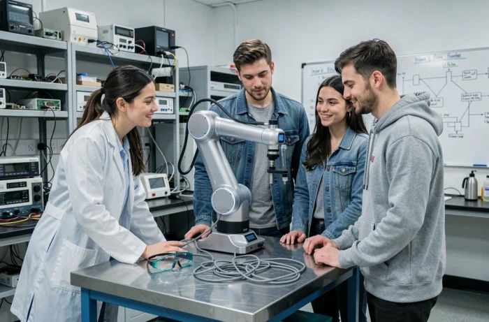 Équipe de chercheurs travaillant sur un bras robotique intelligent en laboratoire, représentant les innovations technologiques majeures de 2024