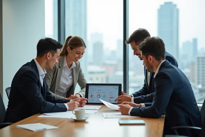 Équipe de recruteurs collaborant autour d'une table avec des CV et une plateforme numérique de recrutement d'entreprise