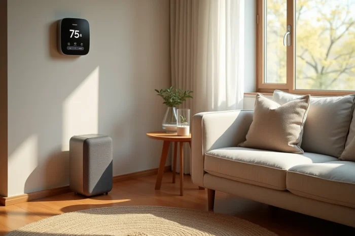 Coin salon confortable avec thermostat connecté, purificateur d'air et diffuseur sur une table basse en bois