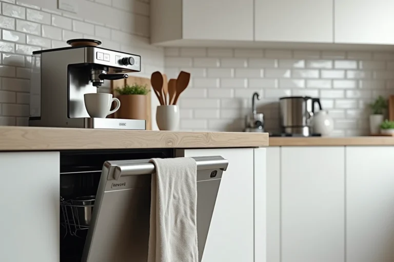 Cuisine moderne équipée avec machine à espresso, lave-vaisselle et ustensiles en bois sur un plan de travail en béton ciré