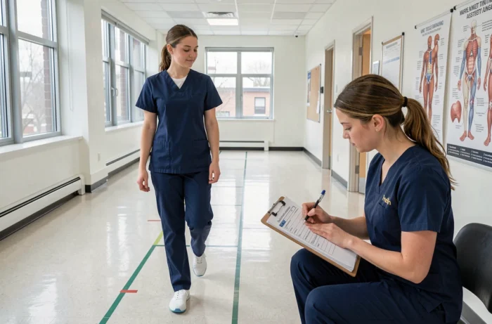 Étudiantes en santé pratiquant l'évaluation de la marche selon le test de Tinetti en salle de formation universitaire