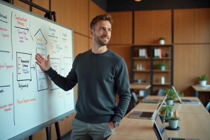Expert en web marketing présentant une stratégie de visibilité en ligne sur un tableau blanc dans un espace de co-working