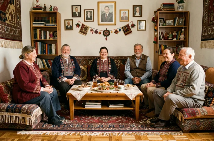 Famille immigrée élargie célébrant une réunion culturelle traditionnelle dans un appartement décoré avec des tapis, des broderies et des photographies ancestrales, réunie autour de plats traditionnels