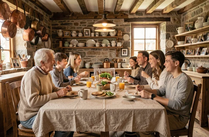 Famille multigénérationnelle réunie autour d'une grande table rustique en bois dans une cuisine de ferme chaleureuse, partageant un repas avec des grands-parents, des parents et des adolescents