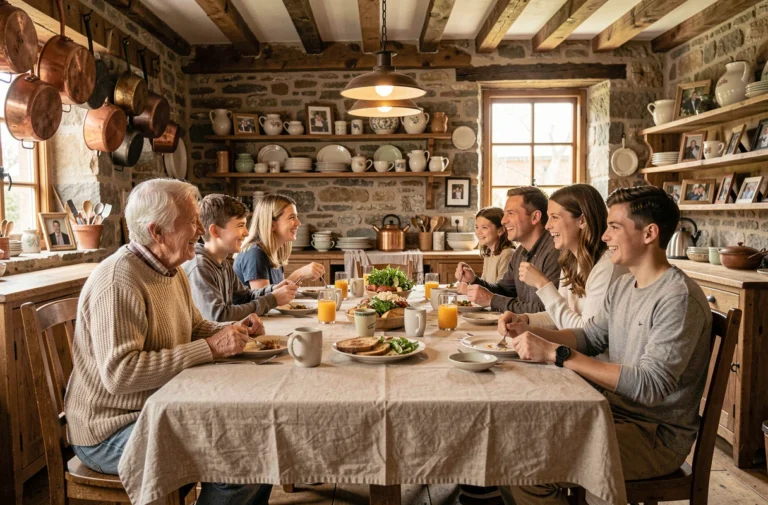 Famille multigénérationnelle réunie autour d'une grande table rustique en bois dans une cuisine de ferme chaleureuse, partageant un repas avec des grands-parents, des parents et des adolescents