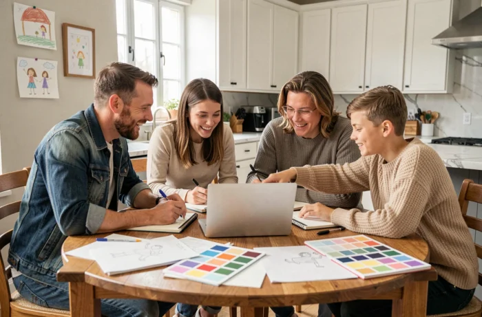Famille multigénérationnelle collaborant sur un projet créatif autour d'une table de cuisine, inspirée par l'univers familial