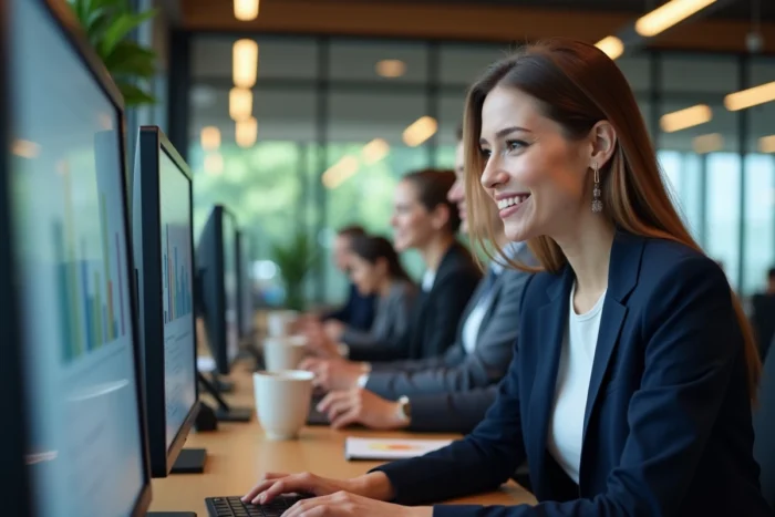Femme professionnelle analysant des données d'annonces en ligne sur un écran dans un bureau moderne pour booster la visibilité de son entreprise