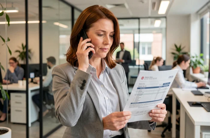Femme en bureau contactant sa banque au téléphone à propos d'un prélèvement Siaci Saint Honoré