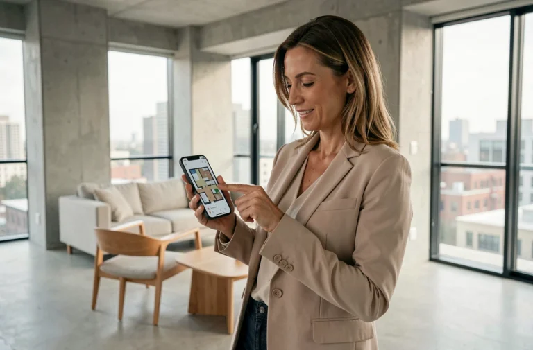 Femme utilisant une application de visite immobilière guidée sur smartphone dans un appartement contemporain avec vue urbaine