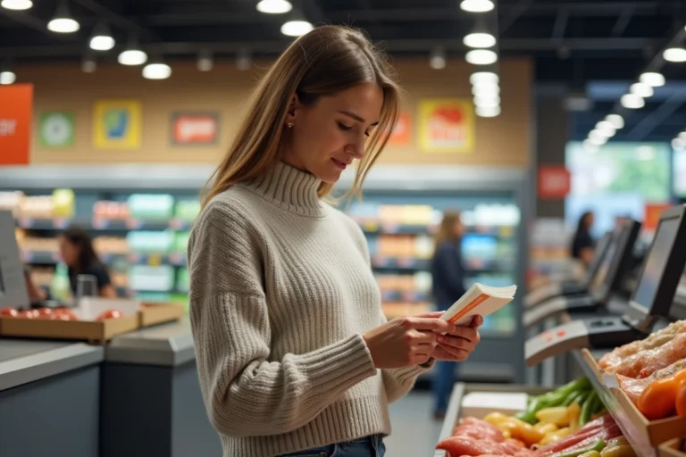 Femme consultant son carnet de chèques différés Leclerc à la caisse d'un hypermarché