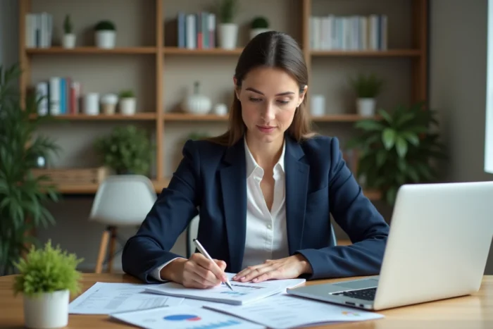 Femme consultant des offres de crédit sur son bureau à domicile en 2024