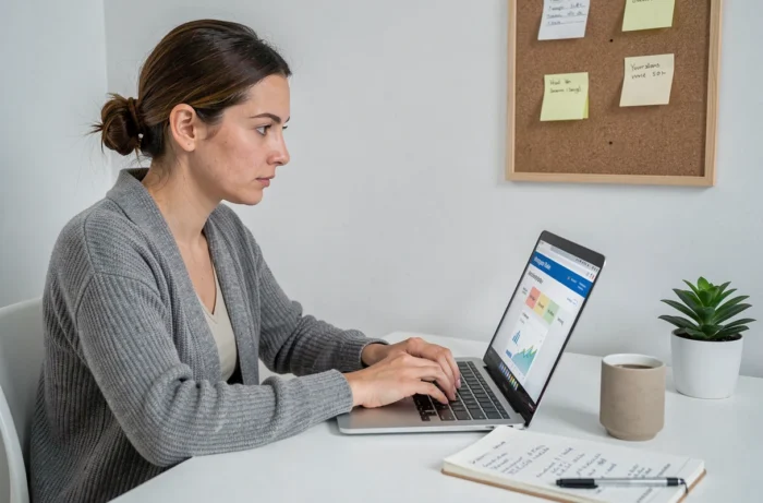 Femme comparant des taux de crédit immobilier en ligne sur un ordinateur portable dans un bureau à domicile