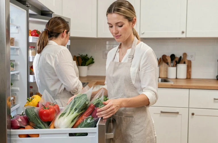 Femme rangeant des aliments sous vide Magic Vac Maxima 2 dans un réfrigérateur moderne