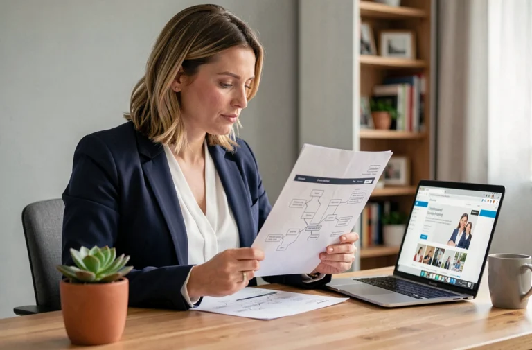 Femme professionnelle consultant un sitemap imprimé lors de sa recherche d'emploi en ligne depuis son bureau à domicile