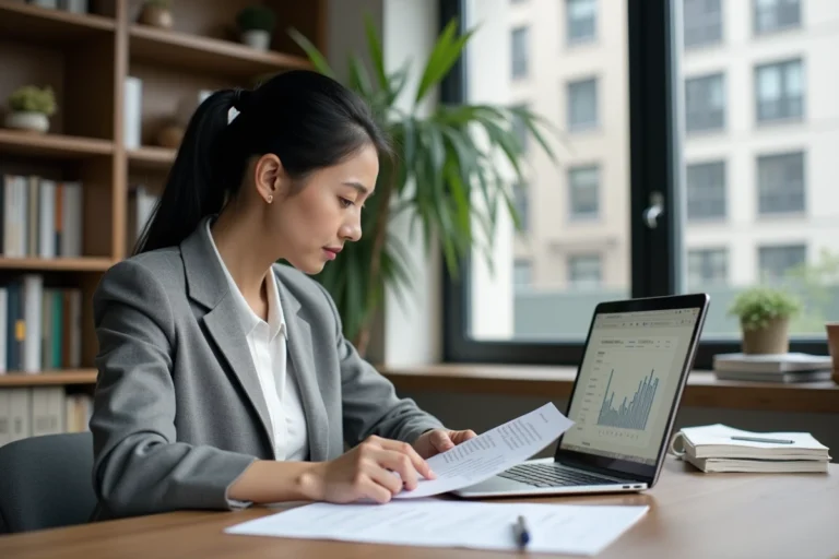 Femme consultant des documents de crédit et un ordinateur portable dans un bureau moderne à domicile