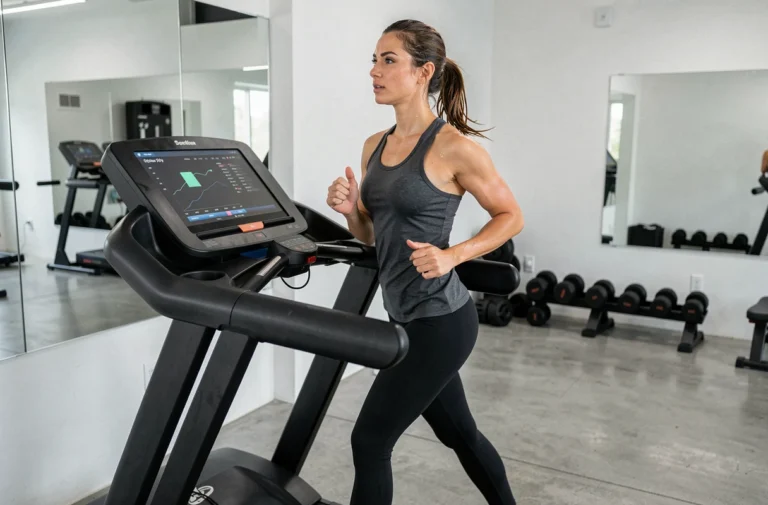 Femme qui court sur le tapis de course Sportstech F37 dans une salle de sport moderne à domicile