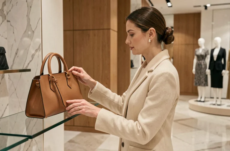 Femme élégante en manteau crème examinant un sac à main de luxe dans une boutique haut de gamme au décor en marbre et bois