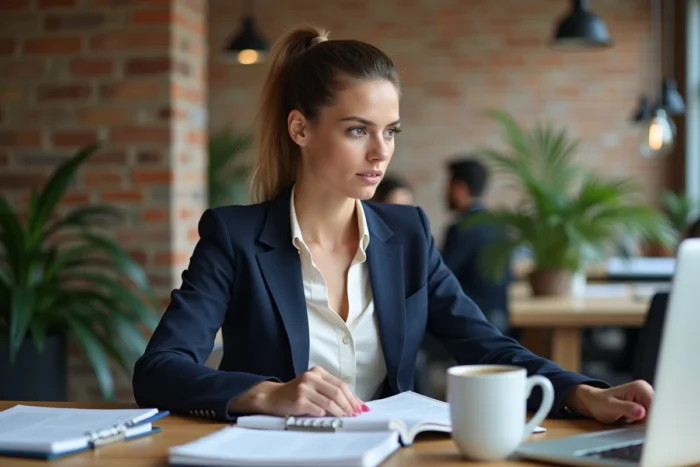 Femme entrepreneuse concentrée travaillant dans un espace de coworking moderne, illustrant l'entrepreneuriat féminin