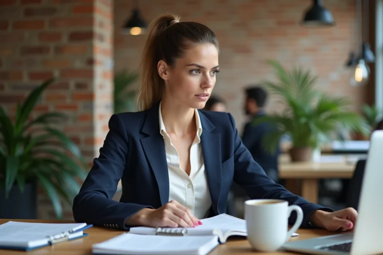 Femme entrepreneuse concentrée travaillant dans un espace de coworking moderne, illustrant l'entrepreneuriat féminin
