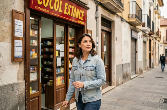 Femme sortant d'un estanco espagnol après un achat de tabac