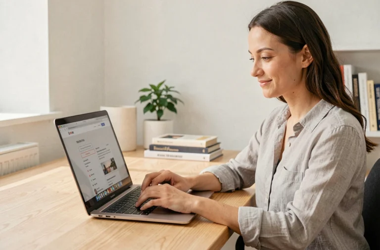 Femme explorant les pages utiles d'un site web sur son ordinateur portable dans un bureau à domicile moderne