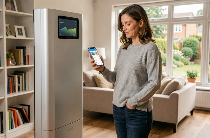 Femme consultant son application de gestion de batterie domestique dans un salon contemporain
