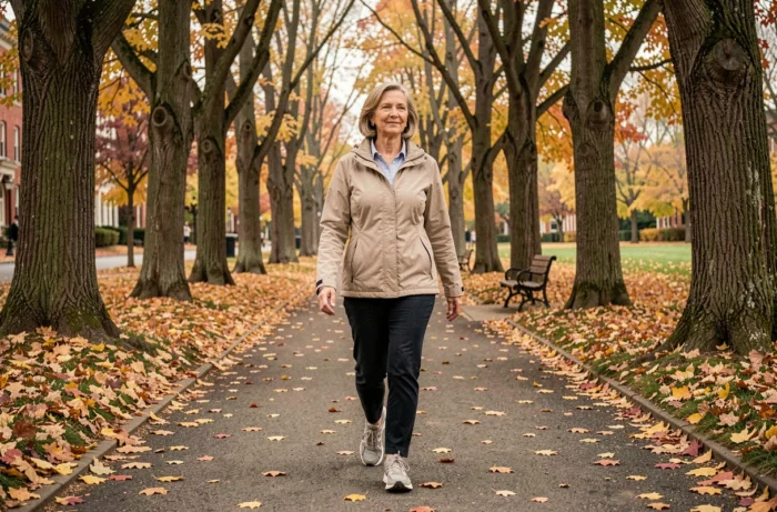 Femme marchant dans un parc en automne pour maintenir une bonne santé physique grâce à l'activité quotidienne en plein air