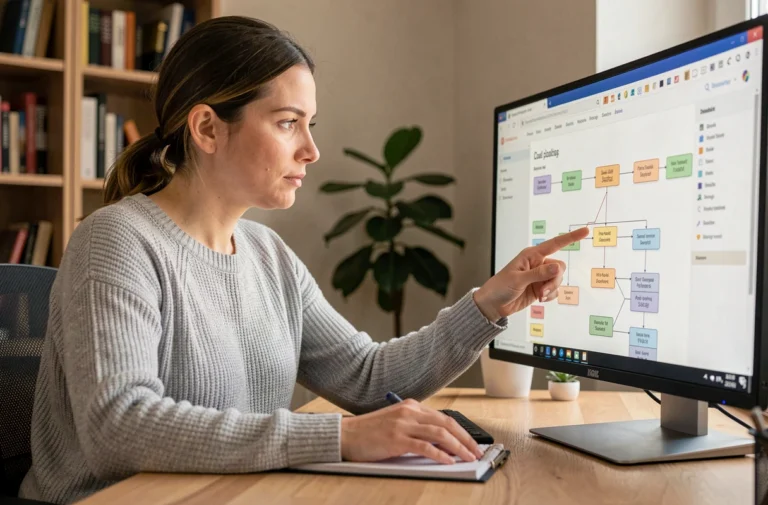 Femme naviguant sur une carte de site web depuis un bureau à domicile moderne