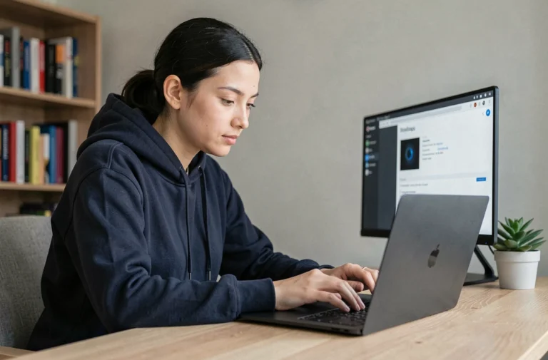 Jeune femme naviguant anonymement sur Twitter via une alternative à Nitter sur son ordinateur portable dans un bureau à domicile