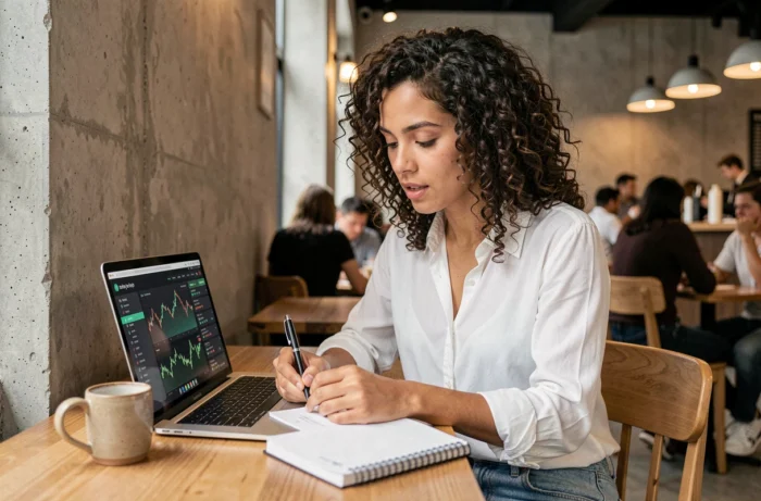 Femme prenant des notes sur les étapes pour débuter avec la blockchain Robthecoins dans un café