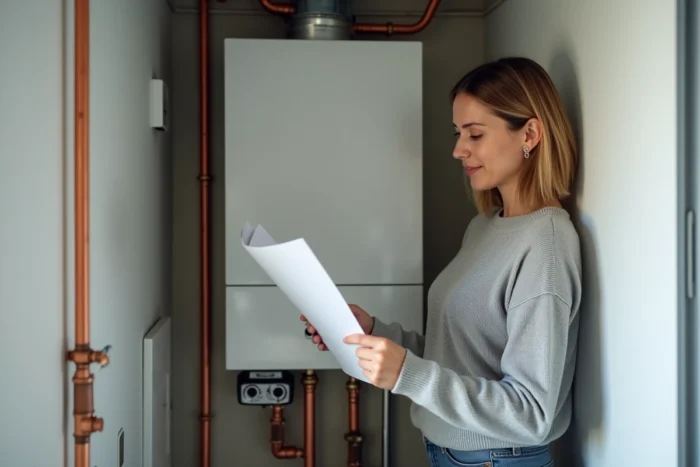 Femme consultant une notice d'installation d'un chauffe-eau thermodynamique dans une pièce technique d'appartement