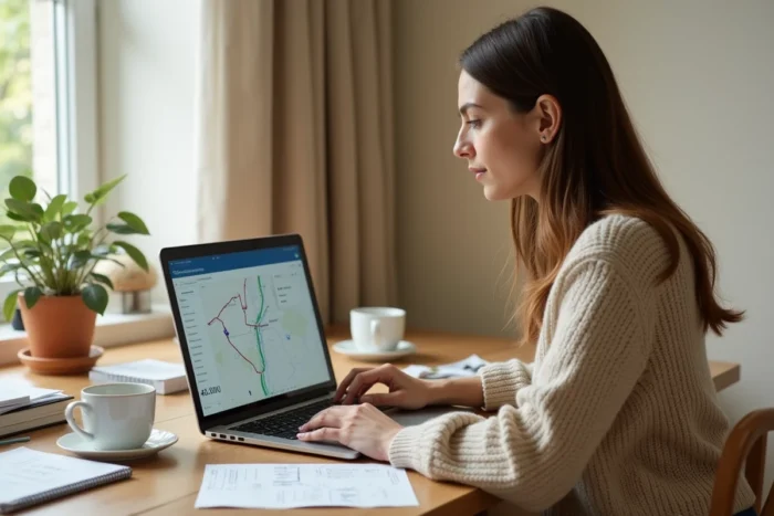 Femme consultant l'outil Mappy Itinéraire sur son ordinateur portable pour estimer le coût d'un trajet