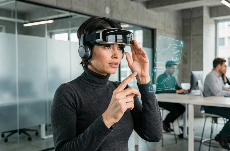 Femme portant un casque de réalité augmentée dans un bureau technologique moderne, illustrant les innovations tech 2024