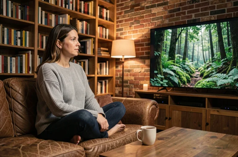 Femme regardant un documentaire en ligne sur sa télévision depuis son canapé en cuir dans un salon chaleureux et bibliothèque